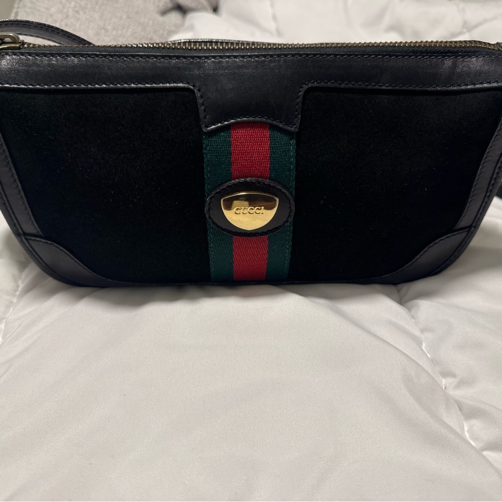 Gucci Black Suede and Leather Clutch with Gold Accent
